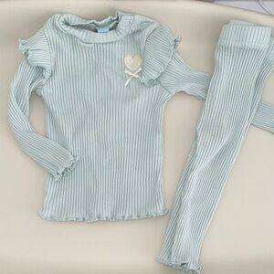 Ribbed Two-Piece Knit Set with Heart Accent - Mint